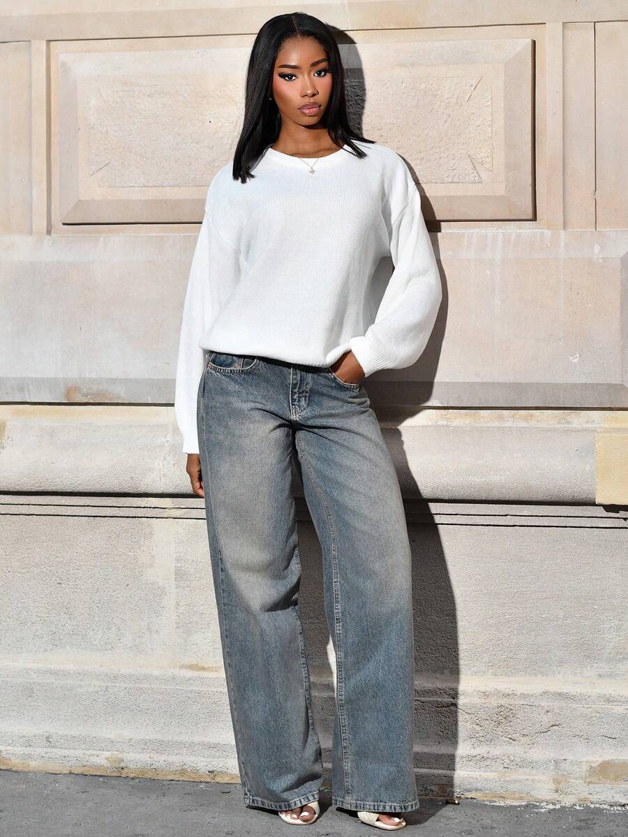 Mima John FOR BEAUTY 女装春秋冬新款针织套头衫简约优雅休闲风白色圆领长袖毛衣 - 白色的 - 查看 1