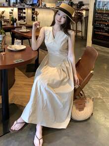 DAZY 女士独特V领无袖中长连衣裙，优雅韩式风格 - 白色 - 查看 9