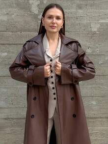 Kuleshova Women Fashion Street Chic PU Leather Lapel Collar Double Breasted Belted Long Trench Coat Fall Winter Cloth For Women - Brown - View 4