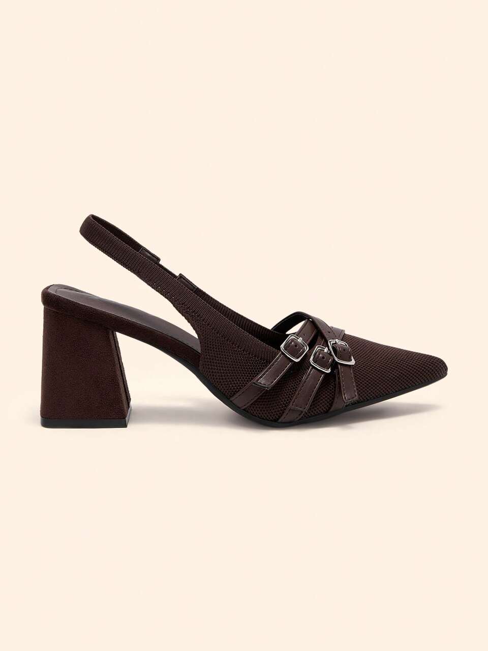 CUCCOO BASICS Women's Pointed Toe Chunky Heel Coffee Color Knit Multi-Strap Buckle Comfortable Breathable Everyday Versatile Commute Outdoor Necessary High Heel Mules Valentine's Day Spring Shoes Fall Shoes