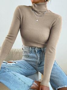 Aidyla Turtleneck Ribbed Knit Jumper Without Necklace - Camel - View 3