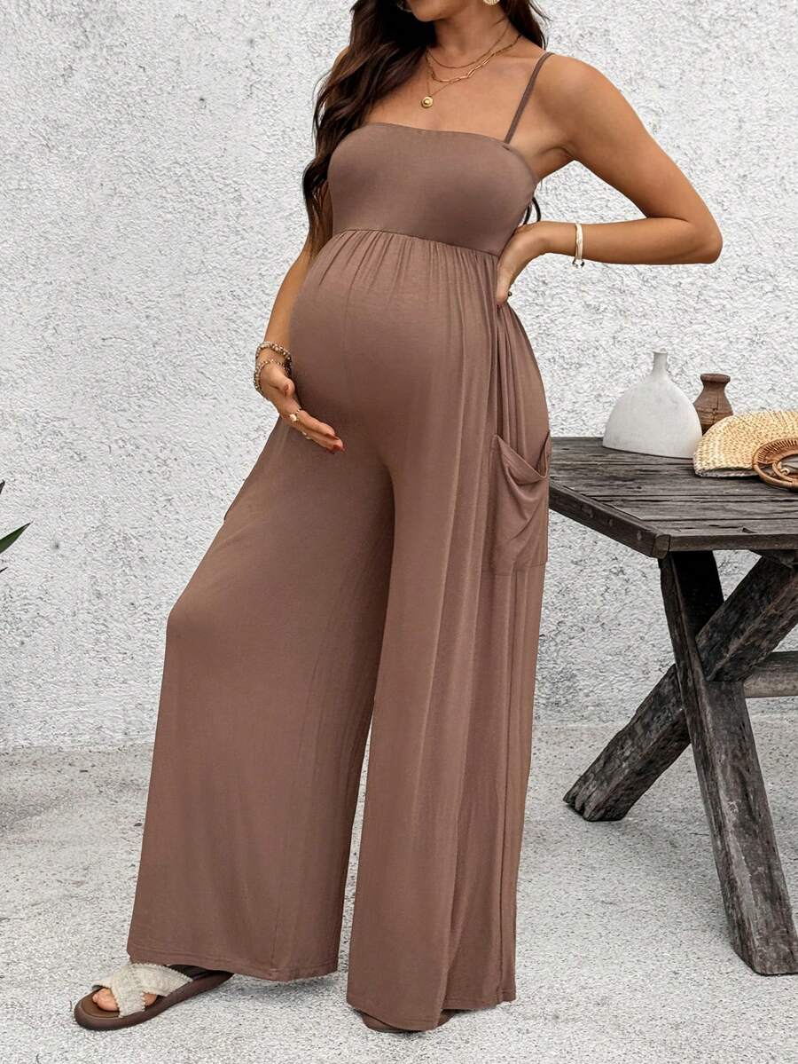 SHEIN Summer Outfits Coffee Brown Halter-Neck Ham Jumpsuit For Pregnant Women, Made Of High-Elastic Knit Fabric.  Maternity Solid Color Pleated Casual Jumpsuit, Suitable For Daily, Vacation, Travel