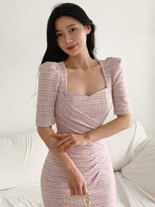 DAZY 女士褶裥优雅收腰中长连衣裙，适合派对和各种场合穿着的吊带裙 - 粉色 - 查看 8