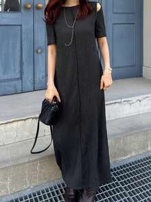 FRIFUL 女士圆领短袖露肩纹理直筒休闲连衣裙 - 黑色 - 查看 2