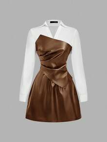 SHEIN MOD Plus Size Women's Long Sleeve PU Colorblock Mini Ruffle Fashion Short Dress,White,Autumn,Elegant,Birthday Faux Leather Collared Halloween Goth 2 In 1 - Brown - View 5