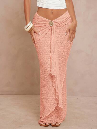 Lumalex Women's Seashell Metal Decor Wavy Hem Low Waist Layered Skirt