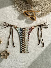 Swim Vcay Spring/Summer Knit Jacquard Side Drawstring Women Beach Vacation Travel Swimming Bottoms - Multicolor - View 1