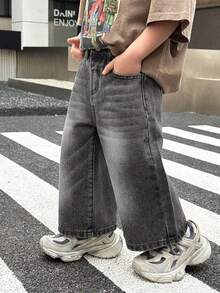 Baby Boy Casual Fashion Street Daily Commute Washed Loose Wide-Leg Jeans - Light Grey - View 1