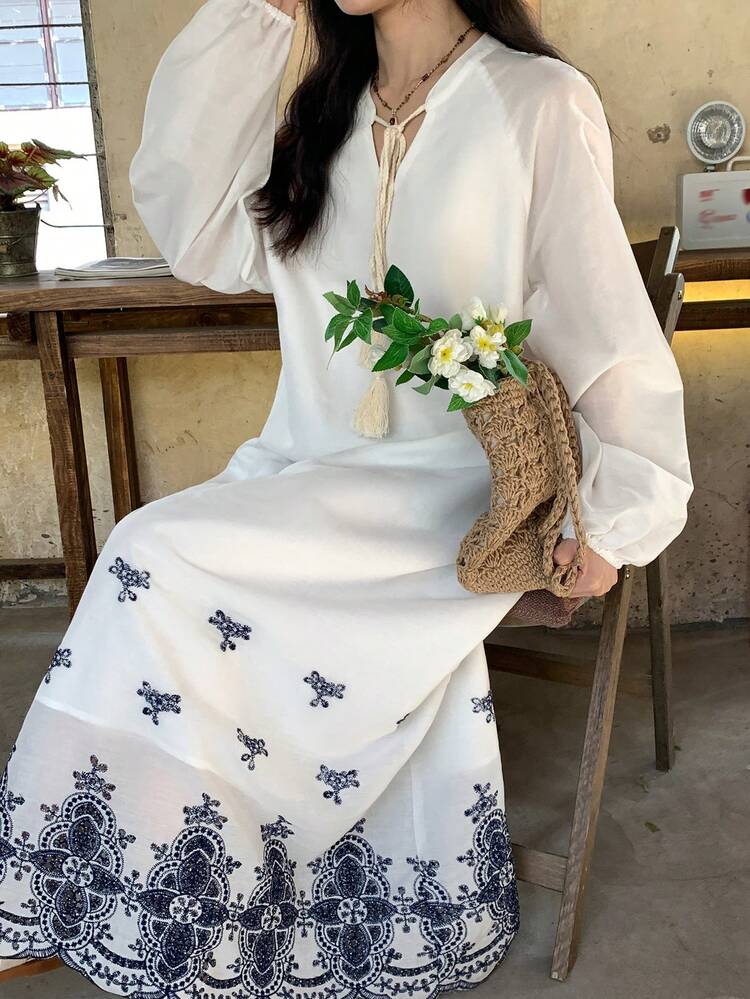 Women's Vacation Tassel Tie Neck Lantern Sleeve Floral Embroidery Hollow Out Dress Sundress