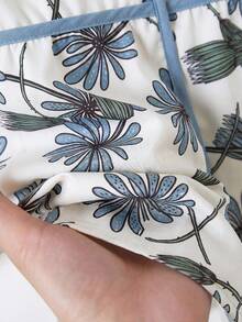 Rusticease Blusa Elegante Plissada de Decote em V de Manga Curta em Cor Damasco para Mulheres - Azul Empoeirado - Visão 4
