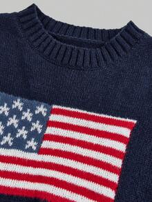 SHEIN Girls American Flag Knit Sweater, Teens Round Neck Long Sleeve Star Striped Pullover Knit Top - Royal Blue - View 3