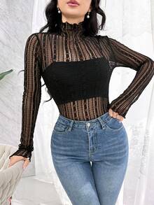 Modelyn 女款純色立領落肩袖修身透視性感上衣 - 黑色 - 查看 7