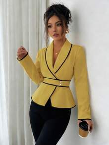 Rafferiza 女士优雅通勤衬衫，披肩领长袖 - 黃色 - 查看 5