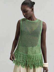 Ontre 2026 New Vacation Style Bohemian Women's Clothing, Fringe Hem Hollow Out Knit Sleeveless Top, Linen Pullover Knit Tank Top, V-Neck Design Vacation Style Ladies Vacation Outfit Country Music Festival Bohemian Clothing Beach Clothing, All Season  Ins Celebrity Same Style Vacation Style, Exotic Atmosphere, Country Concert, Western Style Clothing, High-Grade Fabric, Comfortable And Breathable Bohemian Style Vacation Wear - Green - View 3