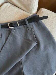 Franclia Korean Style, Versatile, Irregular High-Waisted, Slimming Suit Shorts/Skirt With Belt; Women's Shorts For Spring/Summer; Women's Mini Shorts; Summer Outfits; Elegant Women's Shorts. - Grey - View 5