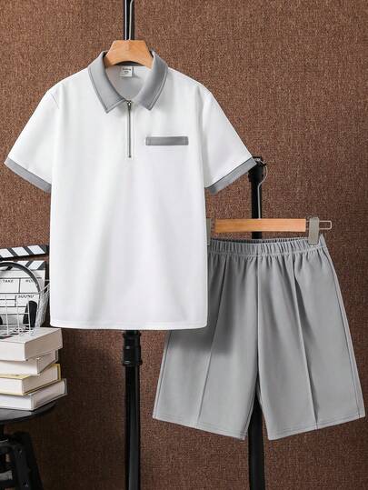 SHEIN 2pcs Tween Boys Casual School/College Contrast Color Block Polo Collar Shirt With Shorts Set, Suitable For Commuting, School, Everyday Casual, Sports, Spring/Summer