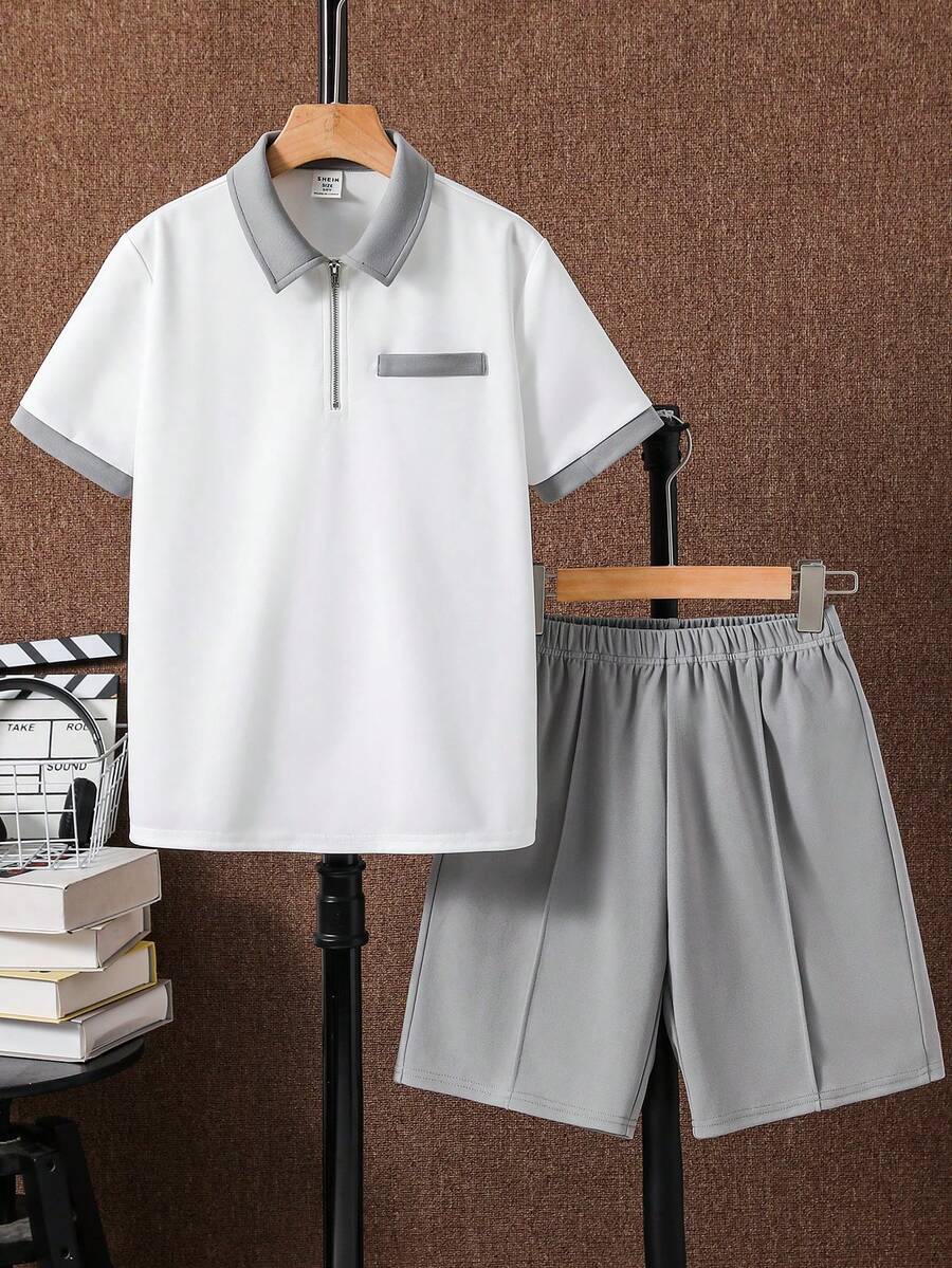 SHEIN 两件套男童休闲校服/学院撞色拼接 Polo 领衬衫短裤套装,适合通勤、上学、日常休闲、运动、春夏穿着。 - 彩色 - 查看 1