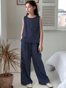 DAZY 少女条纹圆领无袖上衣和阔腿宽松牛仔裤套装 - 藏蓝色 - 查看 2