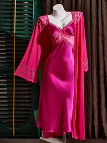 SilkySpell Elegant Satin Lace Robe Robe Women Sleepwear Set - Rose Red - View 7
