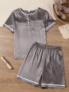 2pcs Casual Comfortable Soft Solid Color Polo Collar Short Sleeve Top And Shorts Pajama Set For Teenage Boys - Dark Grey - View 8