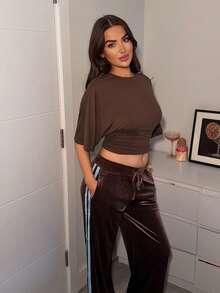 Ambs Edit Casual Solid Color Batwing Sleeve Cropped T-Shirt, Summer,Brown Top - Coffee Brown - View 5