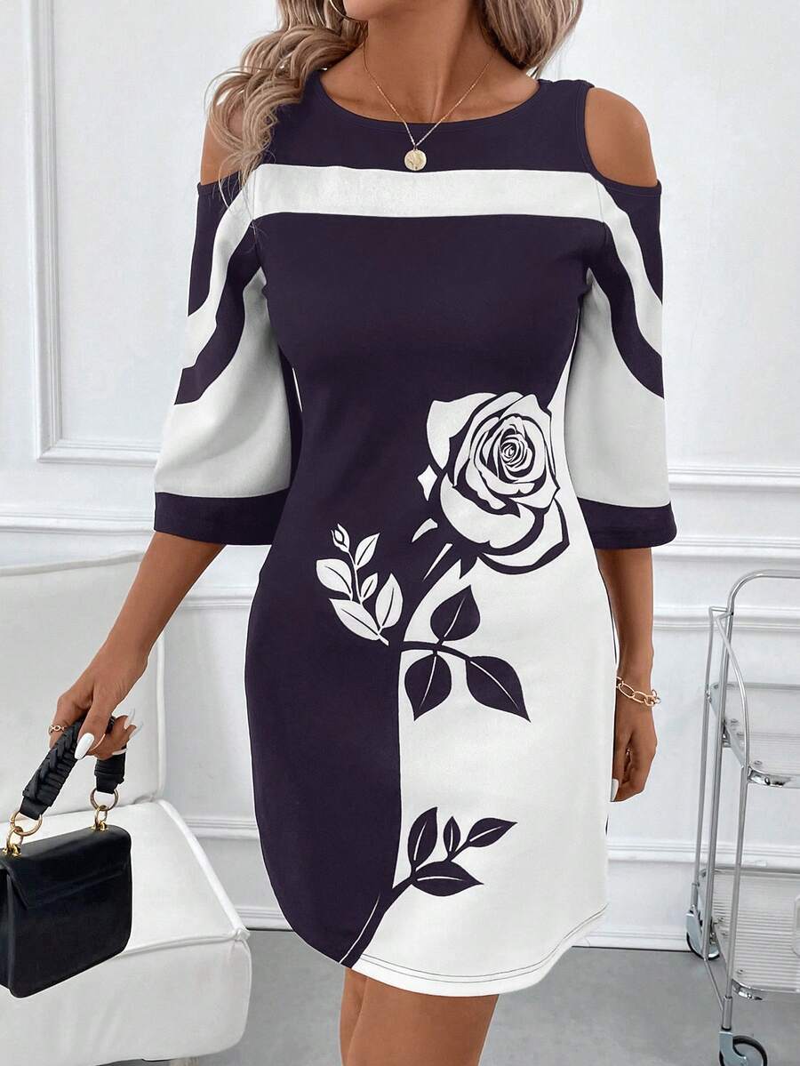 SHEIN Clasi Đầm suông trễ vai in hoa hồng phối màu tương phản thanh lịch dành cho nữ - Màu tím - Xem 1