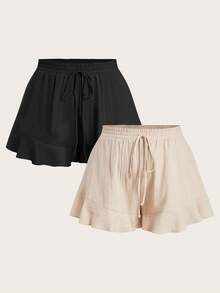 Elaquor 夏季大码休闲纯色短裤 - 黑色 - 查看 10