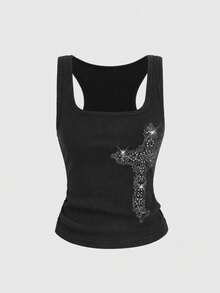 ROMWE Street Life Áo camisole bó sát in họa tiết chữ thập phong cách grunge đính đá. - Màu xám đen - Xem 1