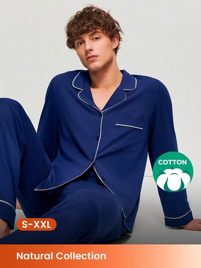 LUVLETTE Spring And Summer Soft 100% Pure Cotton Navy Blue Basic Long Button-Up Top & Pants Pajama Sets For Men Lounge Sets For Men Pants With Pockets Pyjama