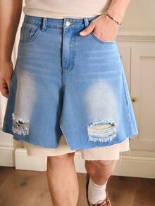 SWAVVY Men's Casual Distressed Washed Loose Denim Shorts, Summer - Blue - View 4