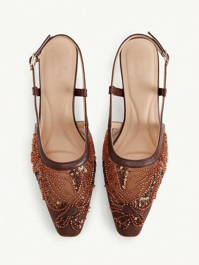 CUCCOO CHICEST Women's Coffee Color Embroidered Mesh Beaded Fashion Elegant Party Lace-Up Square Toe Stiletto Heel Pumps