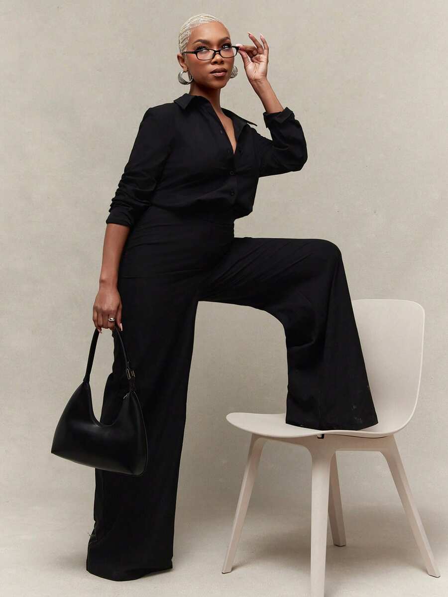 Vixey Textured Woven Pointed Collar Button Up Wide Leg Jumpsuit - Black - View 1