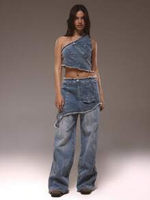 MUSERA Asymmetric Off-The-Shoulder Fringe Hem Denim Top Only Winter Cute Streetwear Going Out Casual Western Born Faded - Medium Wash - View 5