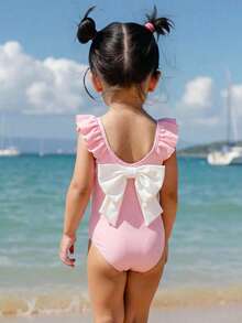 Emery Rose Kids Emery Rose Kids 女童粉色荷叶袖蝴蝶结连体泳衣，姐妹装 - 粉色 - 查看 1