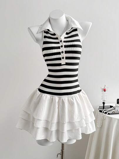 Elamini Đầm mini dáng chữ A không tay phối sọc kiểu Pháp sang trọng dành cho nữ, thích hợp cho mùa hè.