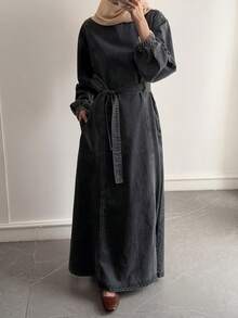 DAZY Tie-Waist Loose Fit Denim Midi Dress For Women - Grey - View 6