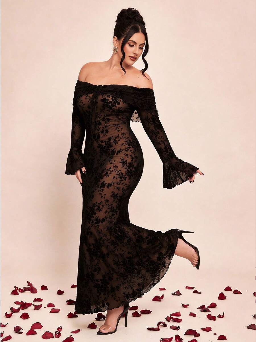 SHEIN BAE 大码女士露肩喇叭袖鱼尾连衣裙