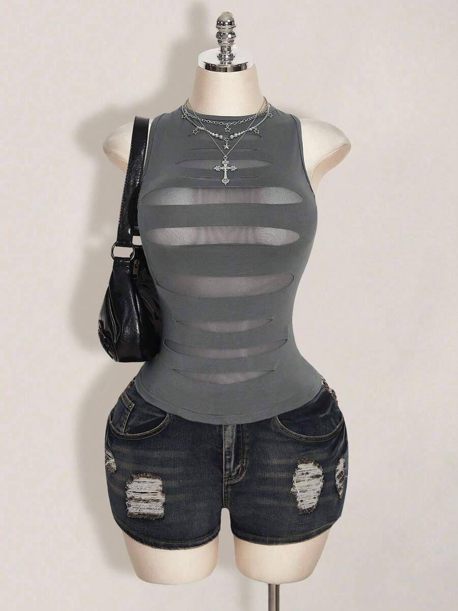 SHEIN ICON Plus Size Y2K Sheer Distressed Sexy Camisole Top, Going Out Tops - Dark Grey - View 1
