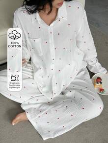 Dazy Plus Bộ đồ ngủ dài tay rộng rãi in hình trái tim và quần dài, cỡ lớn dành cho nữ, thích hợp cho mùa xuân/thu. - trắng - Xem 6