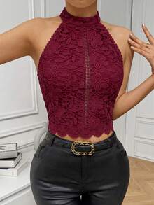 Firerie Women's Fashionable Contrast Lace Backless Camisole, Summer,Summer Top - Burgundy - View 5