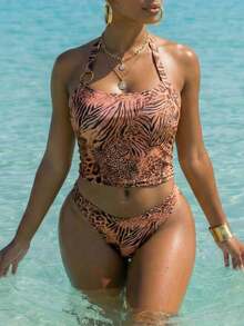 Swim SXY Women's Leopard Print Strapless Spaghetti Strap Bikini Top With Metal Buckle, Brown, Vacation & Beach - Brown - View 1