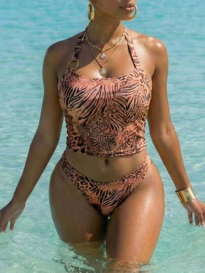 Swim SXY Top de bikini sin tirantes con estampado de leopardo y hebilla metálica, color marrón, para vacaciones y playa