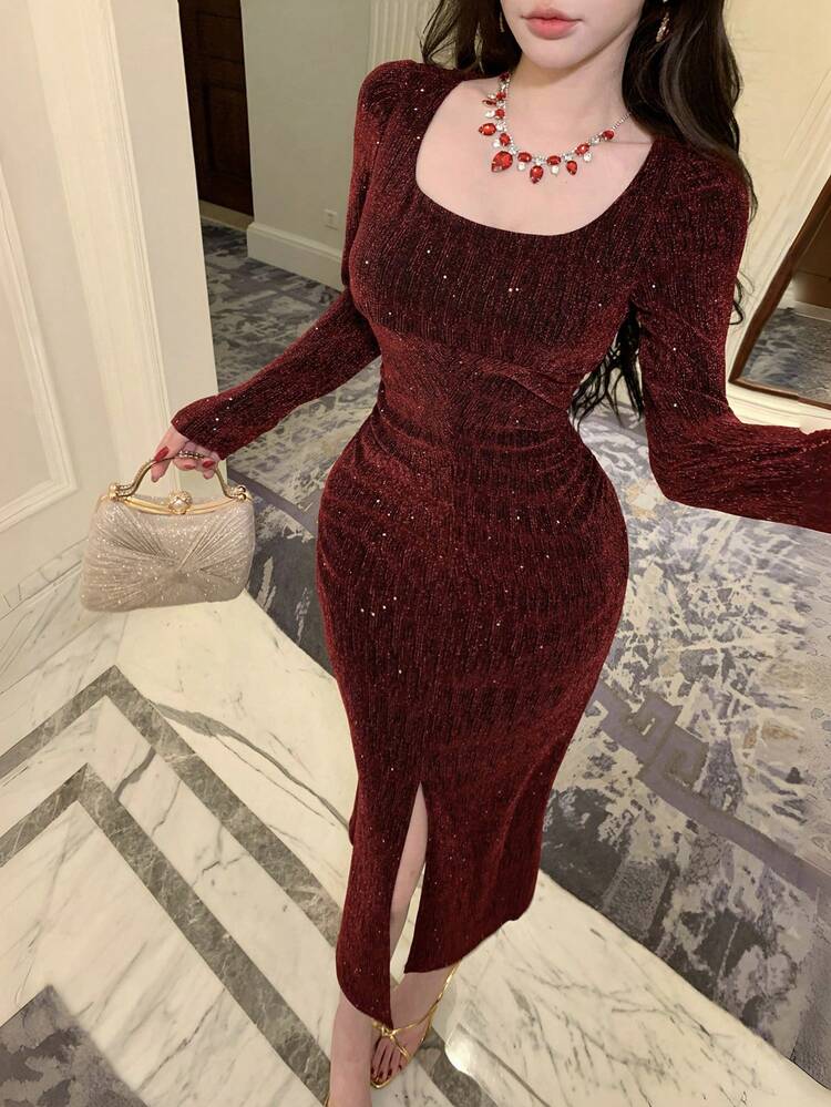 Women's Elegant Pleated Fishtail Slit Midi Dress, Spring/Summer,Wedding Guest Dress Women Sundress