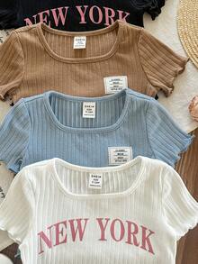 SHEIN Baby Girl Casual Cute Solid Color Knit Short Sleeve Top, Multi-Color,Kids - Multicolor - View 3