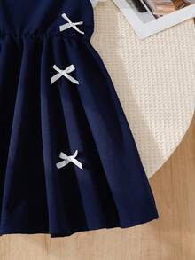 SHEIN Spring/Summer New Girls Chiffon Puff Sleeve Patchwork Cute Bowknot Vacation Dress - Royal Blue - View 5