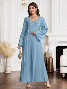 Yasmyna 女士纽扣设计褶皱喇叭袖阿拉伯传统长裙 - 藍色 - 查看 3