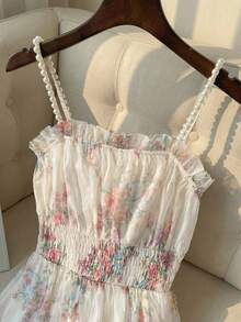 Franclia 女士浅杏色荷叶边针织吊带裙，适合拍照、订婚、宴会、晚宴、节日派对、单身派对、约会、舞会、春季露营花园等活动，长款飘逸连衣裙 - 杏色 - 查看 5