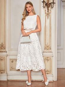 Amorya Bộ đồ 2 món dành cho nữ, màu trơn, chất liệu ren tan trong nước, gồm áo vest và chân váy. - trắng - Xem 4