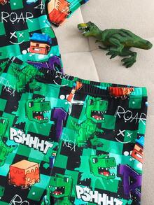 Tween Boy Summer New Game Character Dinosaur Cool Letter Print Short Sleeve Top And Shorts Casual Pajama 2 Pieces Set - Green - View 7