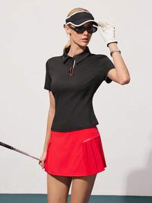 CourtClass Casual Versatile Polo Collar Button Front Letter Print Short Sleeve Slim Fit Women Golf Polo Shirt - Black - View 1